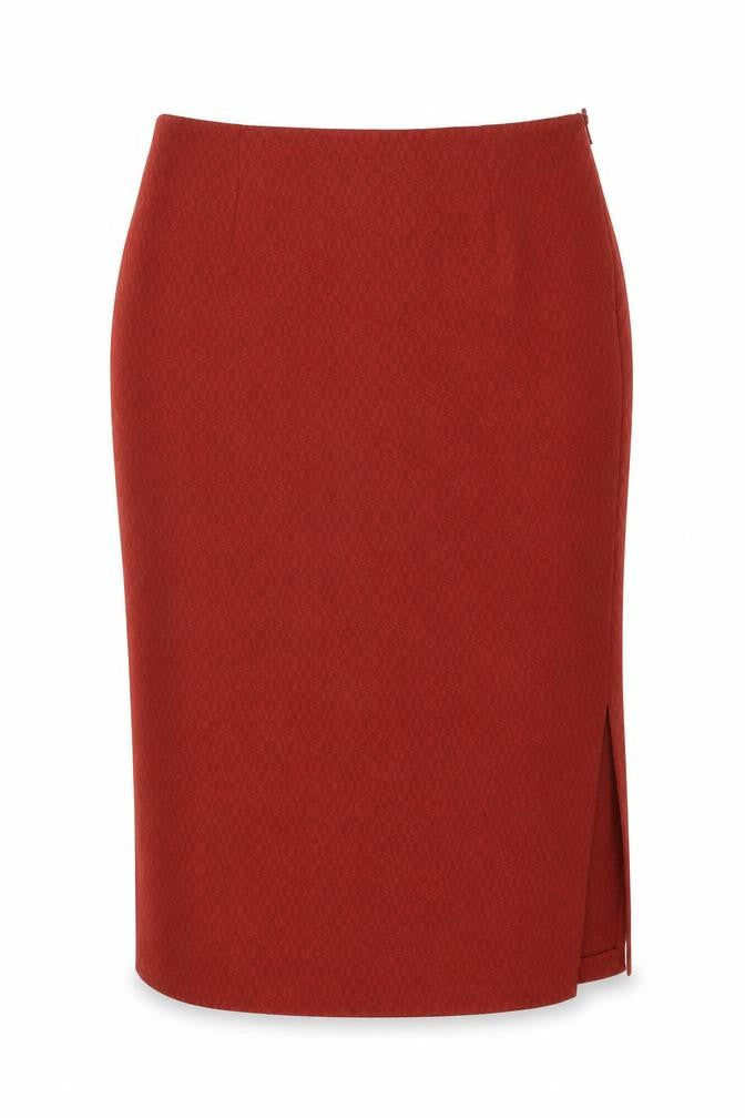 Front view of Marks & Spencer women’s red polyester straight & pencil skirt, size UK 12, zip