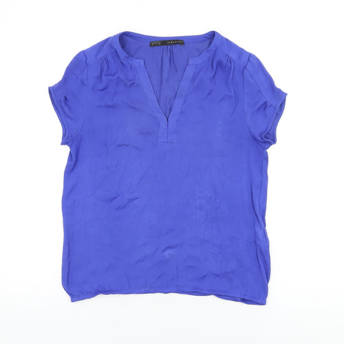 Zara Womens Blue Polyester Basic Blouse Size S V-Neck