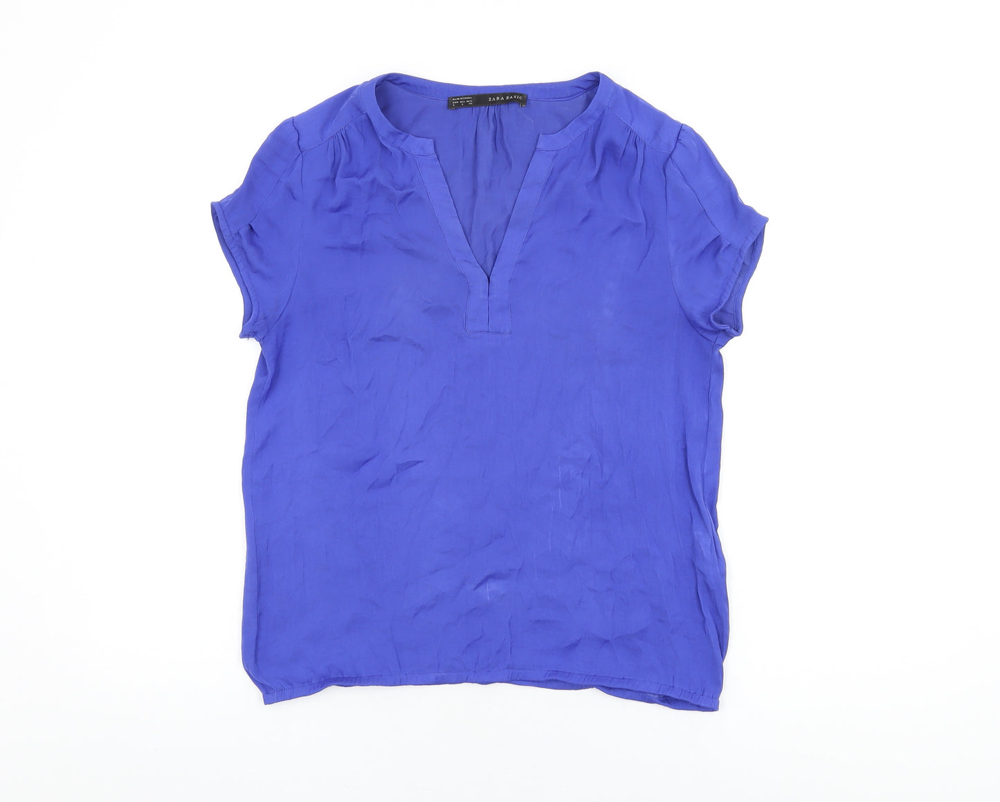 Zara Womens Blue Polyester Basic Blouse Size S V-Neck