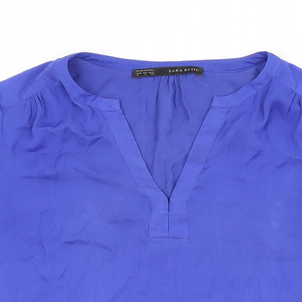 Zara Womens Blue Polyester Basic Blouse Size S V-Neck