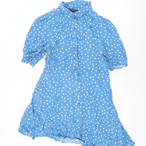 Marks and Spencer Womens Blue Polka Dot Viscose Skater Dress Size 12 Collared Button