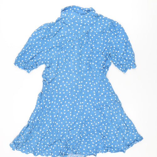 Marks and Spencer Womens Blue Polka Dot Viscose Skater Dress Size 12 Collared Button