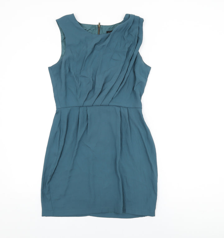 Topshop Womens Blue Polyester Shift Size 10 Round Neck Zip