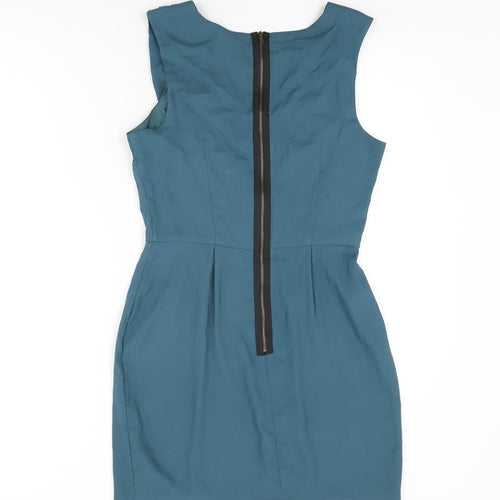Topshop Womens Blue Polyester Shift Size 10 Round Neck Zip