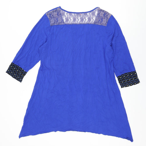 Clarity Womens Blue Geometric Cotton Basic T-Shirt Size 14 Round Neck