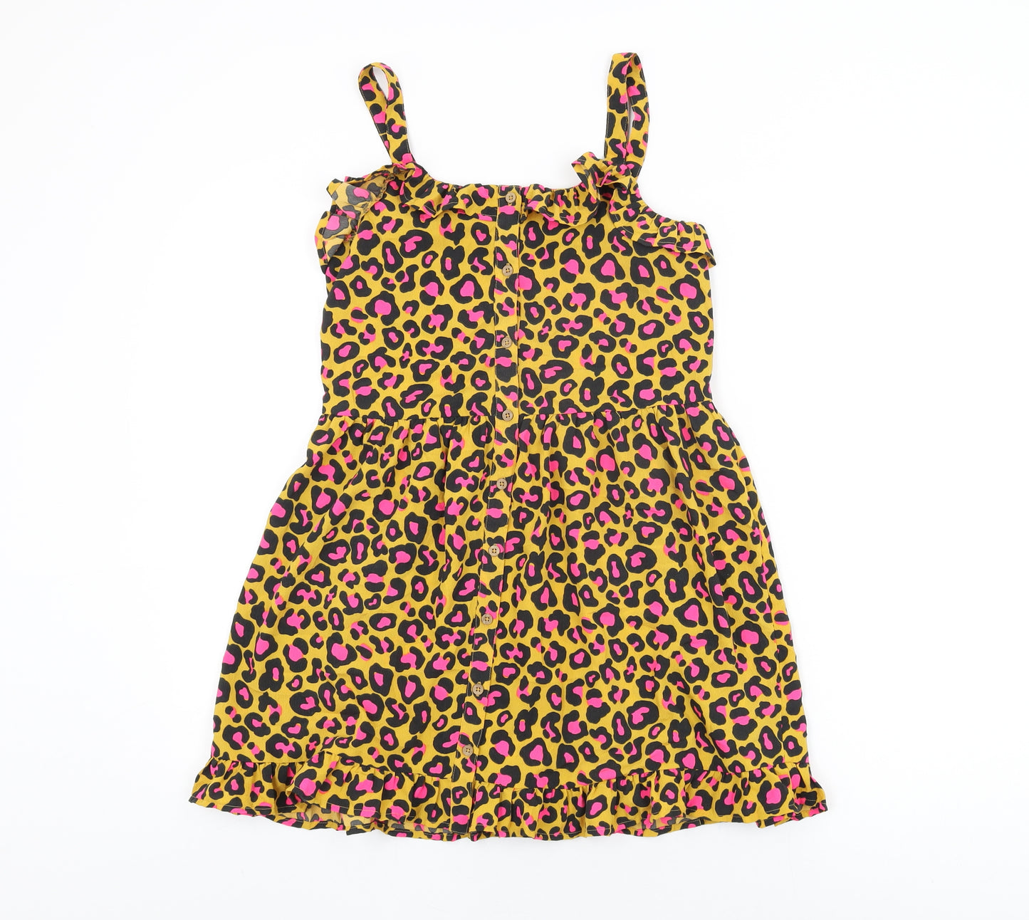 NEXT Girls Yellow Animal Print Polyester Skater Dress Size 12 Years V-Neck Pullover