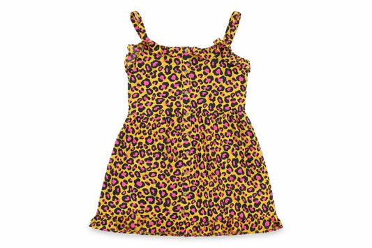 Front view of Next girls’ yellow animal print polyester skater dress, size 12, years v-neck pullover