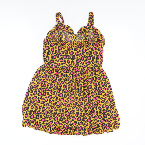 NEXT Girls Yellow Animal Print Polyester Skater Dress Size 12 Years V-Neck Pullover