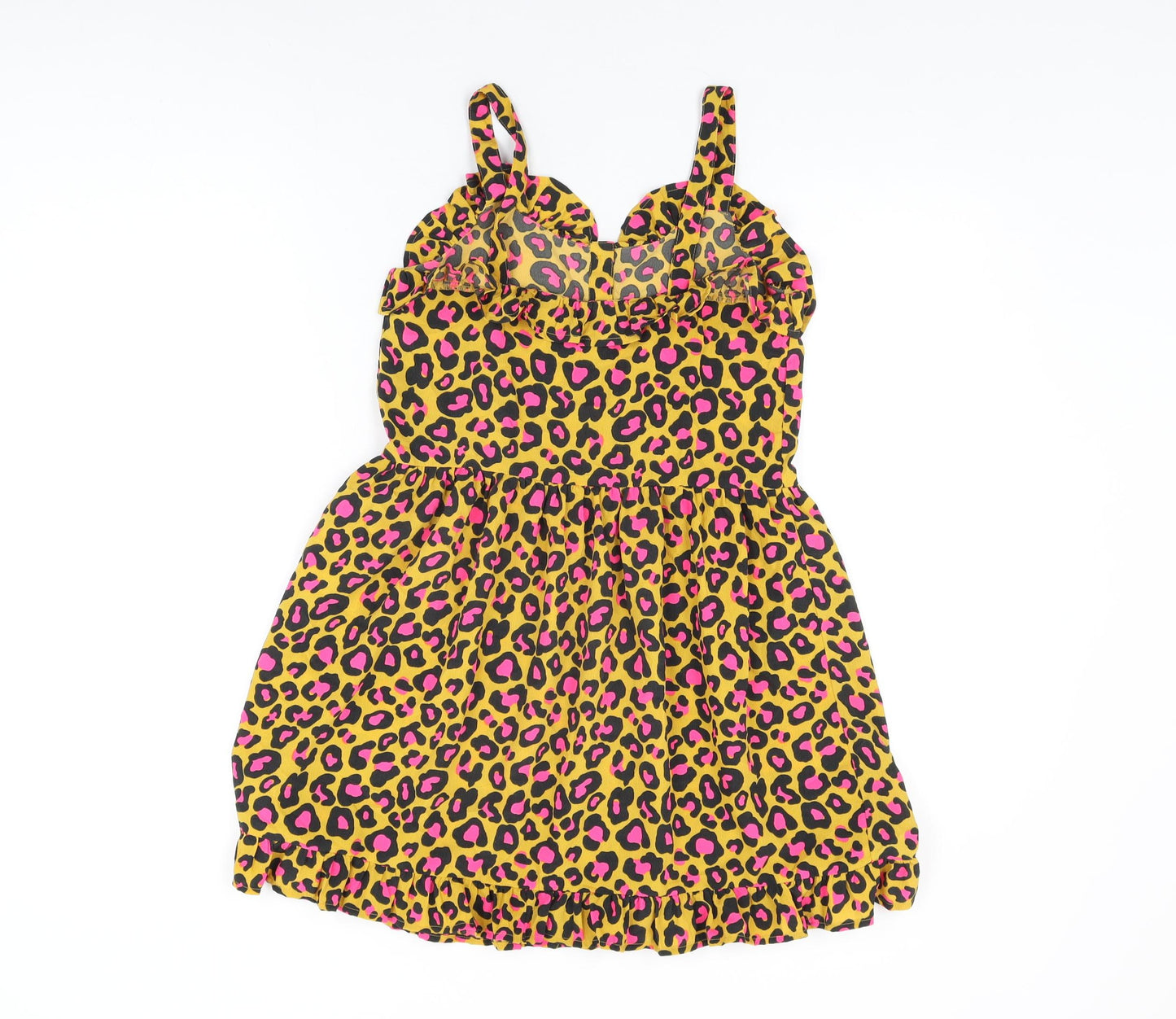 NEXT Girls Yellow Animal Print Polyester Skater Dress Size 12 Years V-Neck Pullover