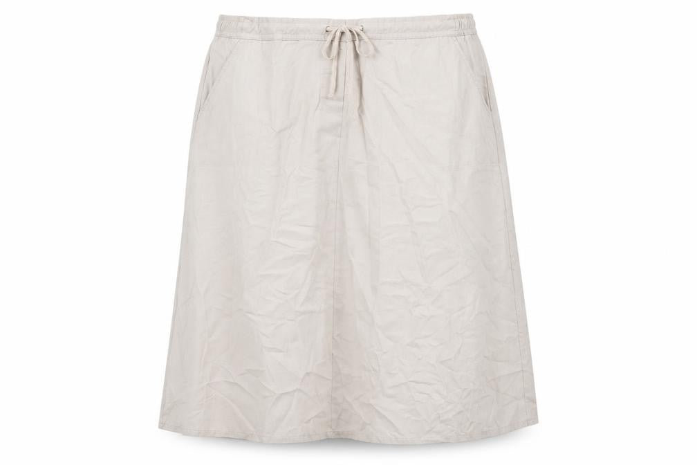 Front view of Bonmarché women’s beige polyester swing skirt, size UK 24, drawstring