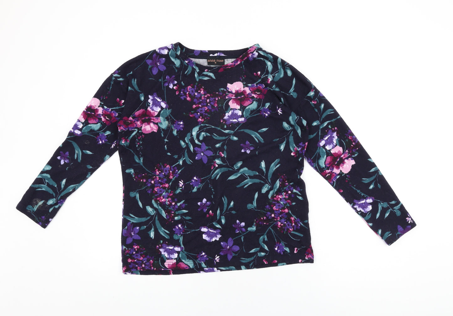 Anna Rose Womens Blue Floral Polyester Basic T-Shirt Size M Round Neck
