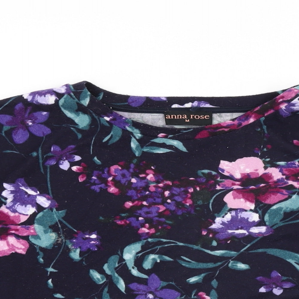 Anna Rose Womens Blue Floral Polyester Basic T-Shirt Size M Round Neck