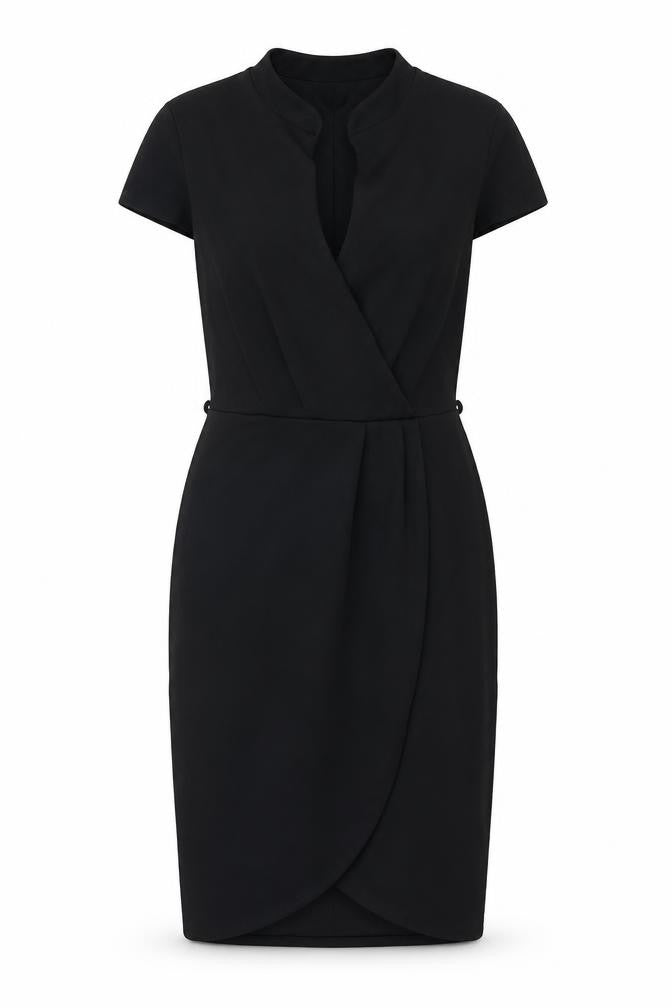 Front view of Miss Selfridge women’s black polyester bodycon, size UK 10, v-neck pullover