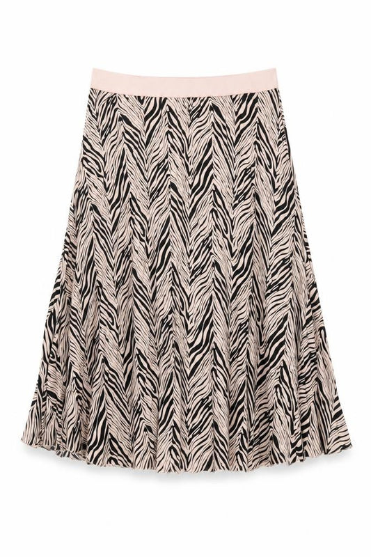 Front view of Little Mistress women’s pink geometric polyester swing skirt, size UK 16