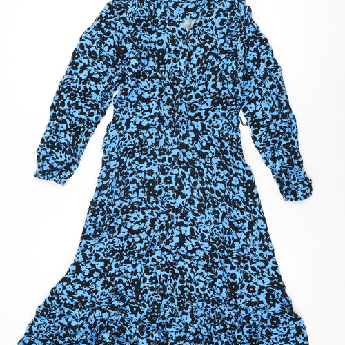 Marks and Spencer Womens Blue Floral Viscose A-Line Size 12 V-Neck Button