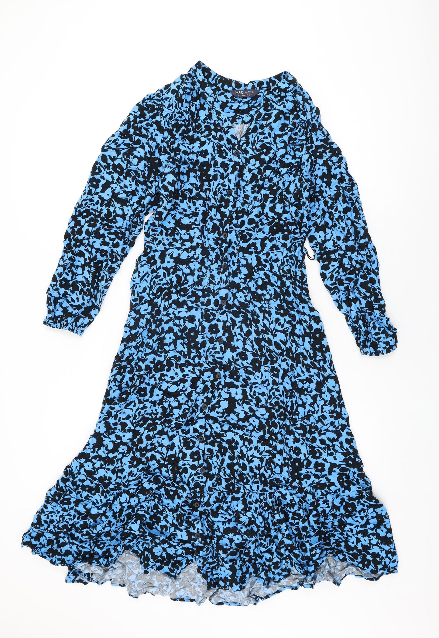 Marks and Spencer Womens Blue Floral Viscose A-Line Size 12 V-Neck Button