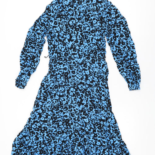 Marks and Spencer Womens Blue Floral Viscose A-Line Size 12 V-Neck Button