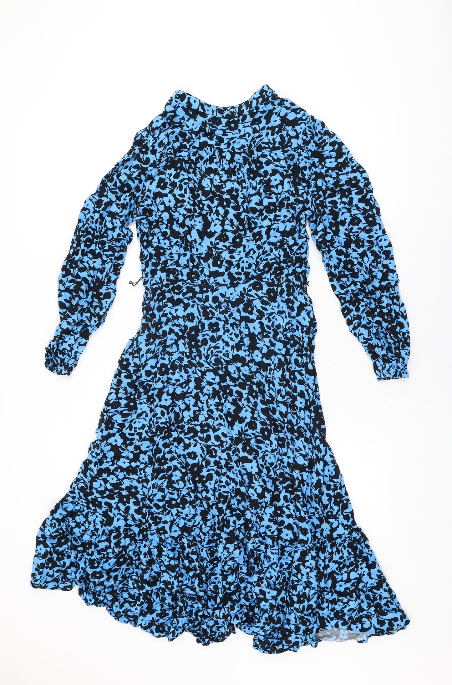 Marks and Spencer Womens Blue Floral Viscose A-Line Size 12 V-Neck Button