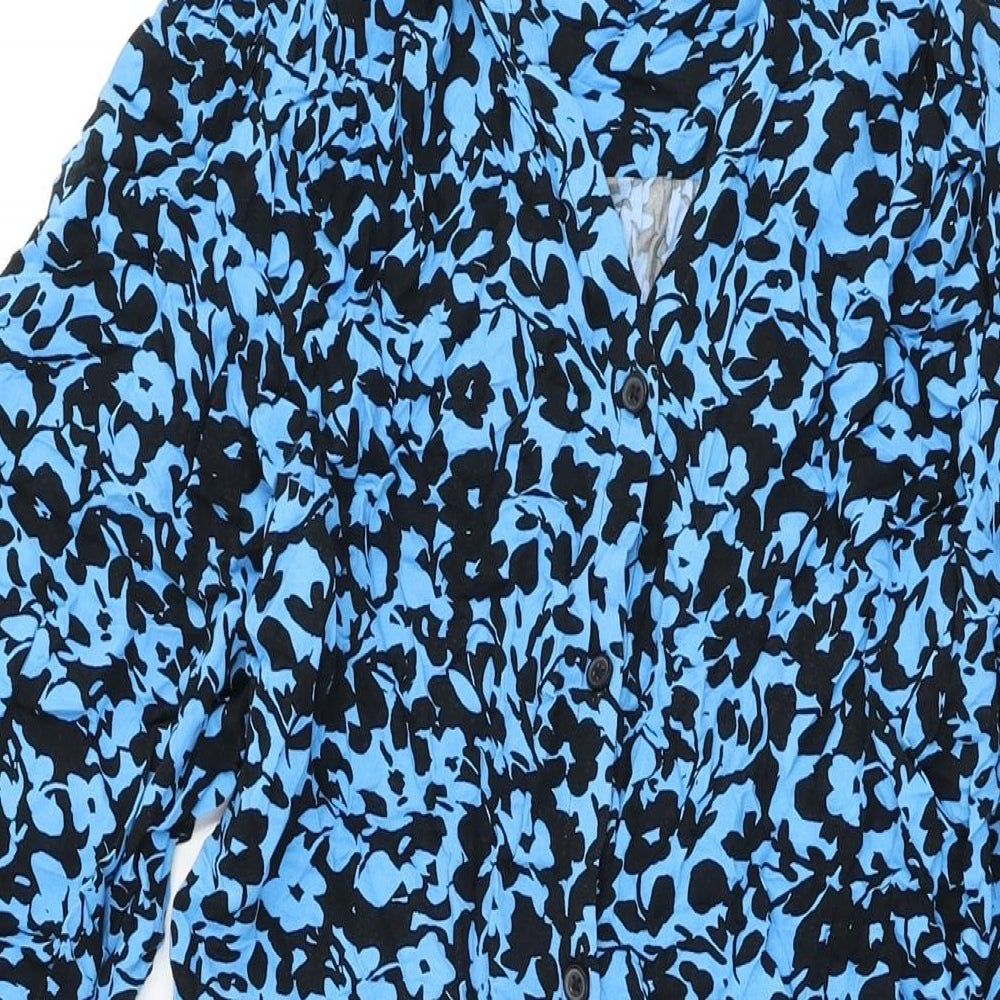 Marks and Spencer Womens Blue Floral Viscose A-Line Size 12 V-Neck Button