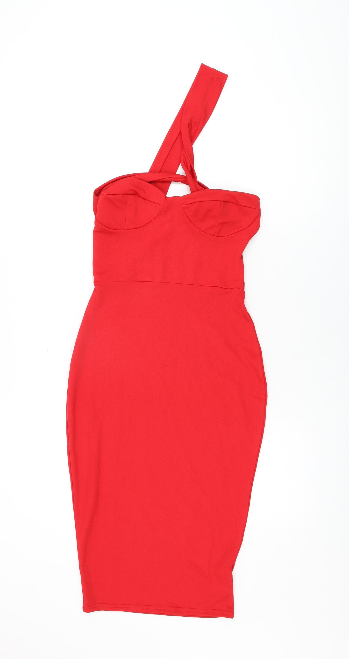 Boohoo Womens Red Polyester Bodycon Size 10 One Shoulder Pullover