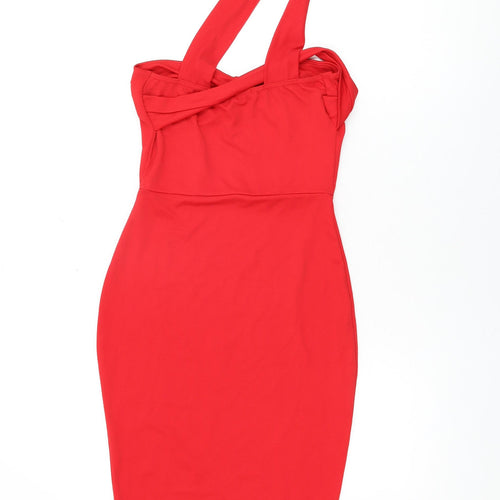 Boohoo Womens Red Polyester Bodycon Size 10 One Shoulder Pullover