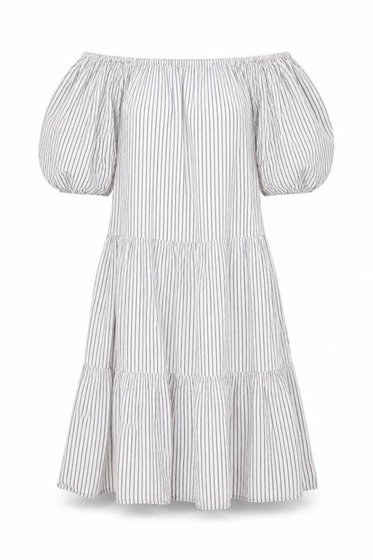 Front view of ASOS women’s white striped polyester a-line, size UK 8, off the shoulder pullover