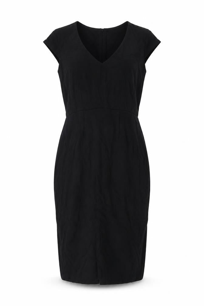 Front view of mamas & papas women’s black viscose bodycon, size UK 8, v-neck pullover