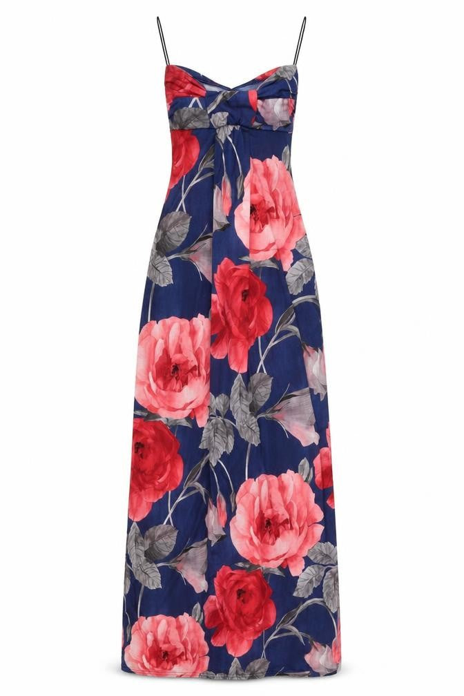 Front view of Miso women’s blue floral polyester maxi, size UK 8, off the shoulder pullover
