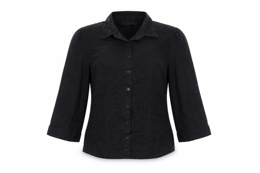 Front view of Marks & Spencer women’s black polyester basic button-up, size UK 12, collared