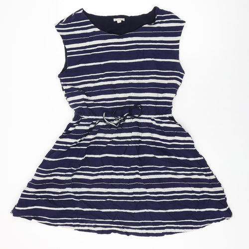 Gap Womens Blue Striped Viscose Skater Dress Size M Round Neck Drawstring