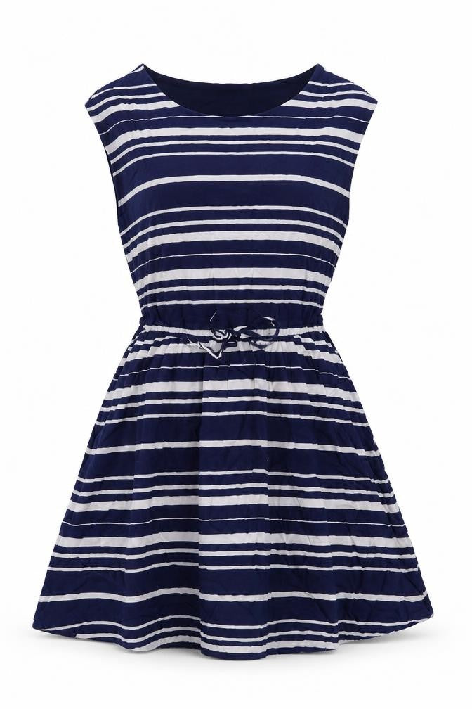 Gap Womens Blue Striped Viscose Skater Dress Size M Round Neck Drawstring