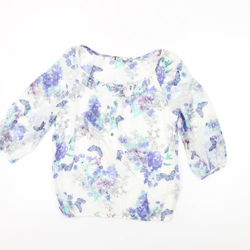 BHS Womens White Floral Polyester Basic Blouse Size 8 Scoop Neck