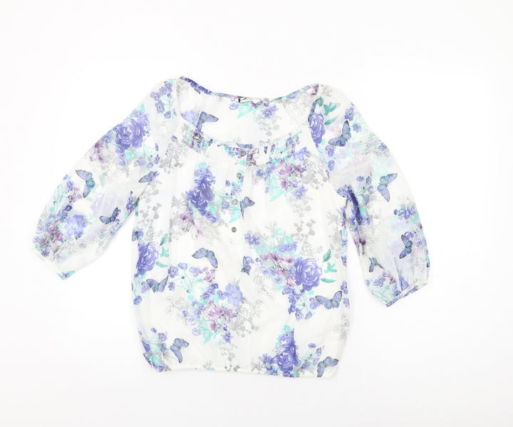 BHS Womens White Floral Polyester Basic Blouse Size 8 Scoop Neck