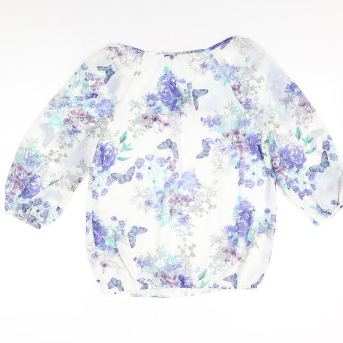 BHS Womens White Floral Polyester Basic Blouse Size 8 Scoop Neck