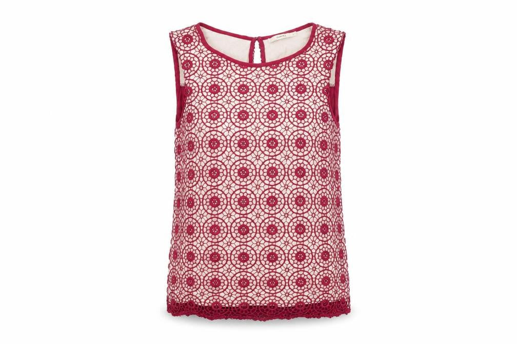Front view of Oasis women’s red floral viscose basic t-shirt, size M, round neck