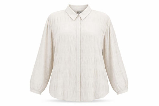 Front view of ASOS women’s beige polyester basic button-up, size UK 18, collared