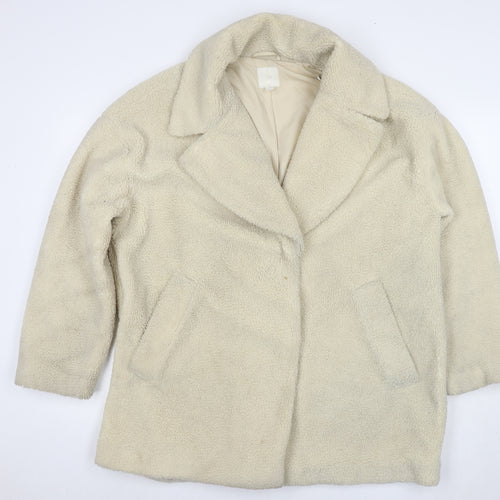 H&M Womens Ivory Overcoat Coat Size L Snap - Teddy Fleece