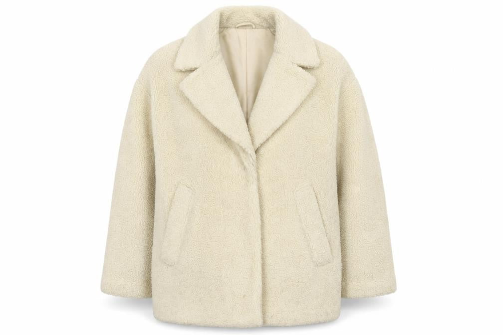 H&M Womens Ivory Overcoat Coat Size L Snap - Teddy Fleece