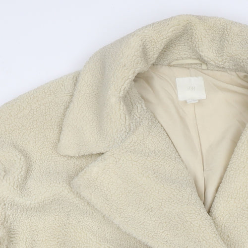 H&M Womens Ivory Overcoat Coat Size L Snap - Teddy Fleece