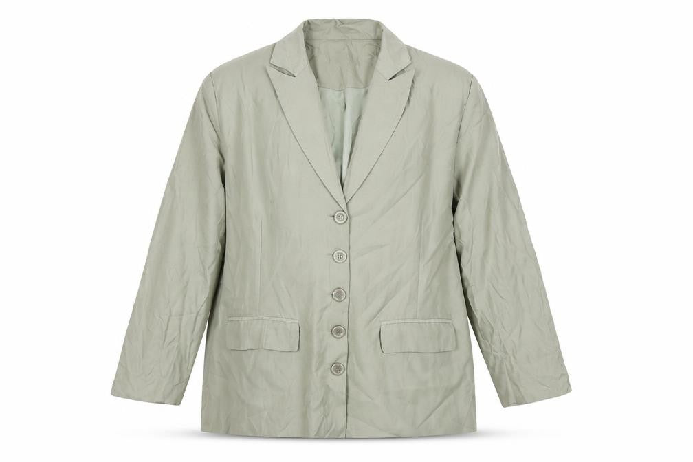 Front view of PRETTYLITTLETHING women’s green jacket blazer, size UK 12, button - shoulder pads