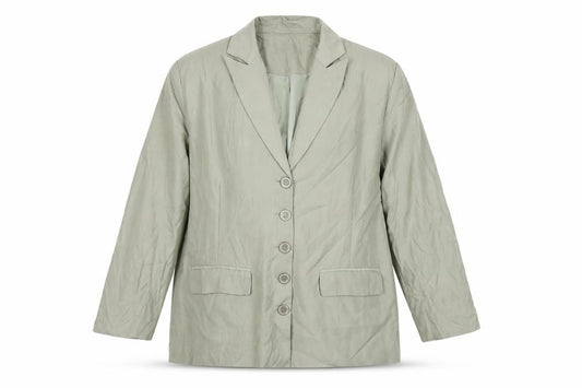 Front view of PRETTYLITTLETHING women’s green jacket blazer, size UK 12, button - shoulder pads