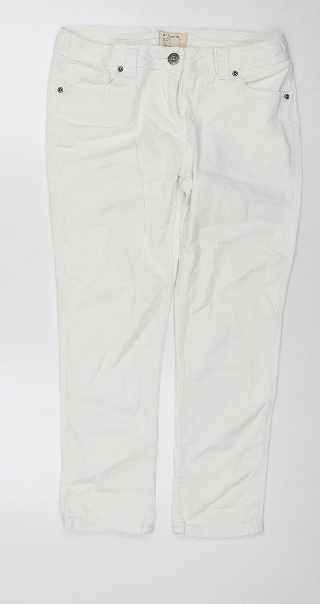 Red Herring Womens White Cotton Cropped Jeans Size 12 L24 in Regular Zip