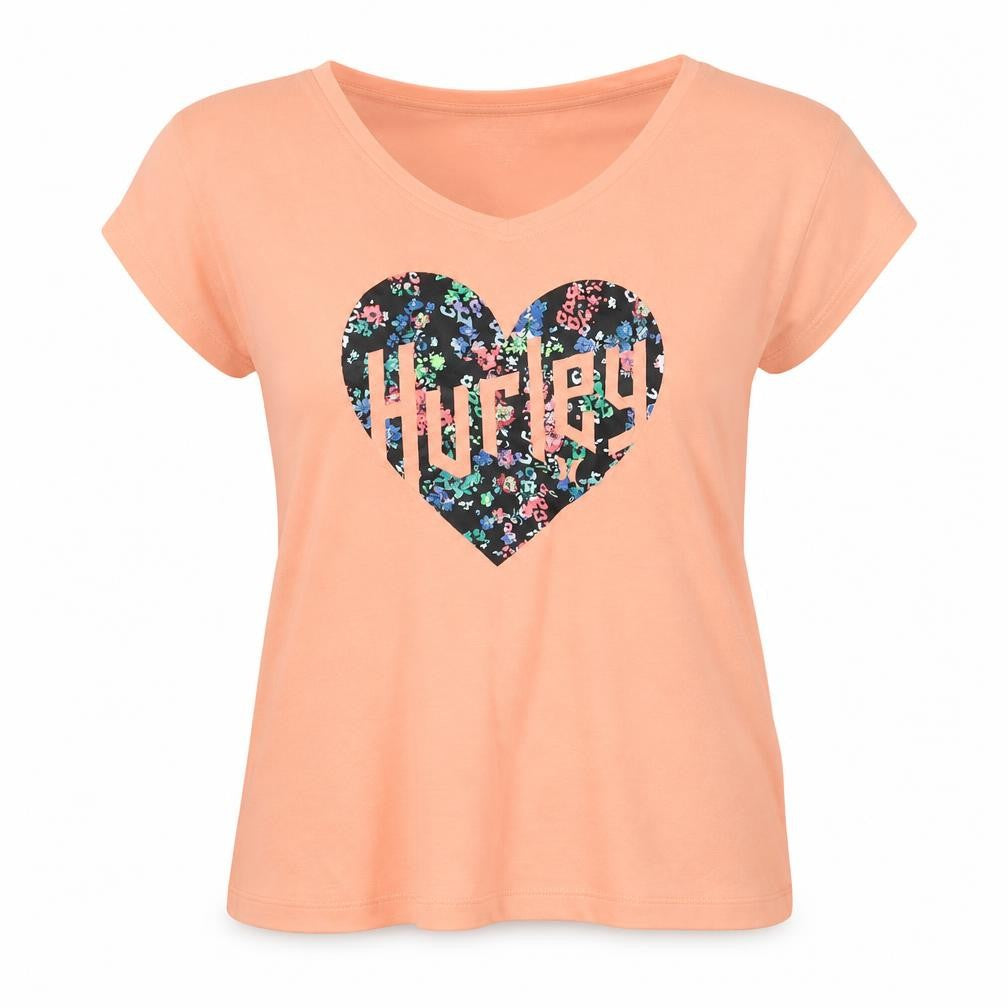 Front view of Hurley women’s orange polyester basic t-shirt, size XL, round neck - logo, hearth