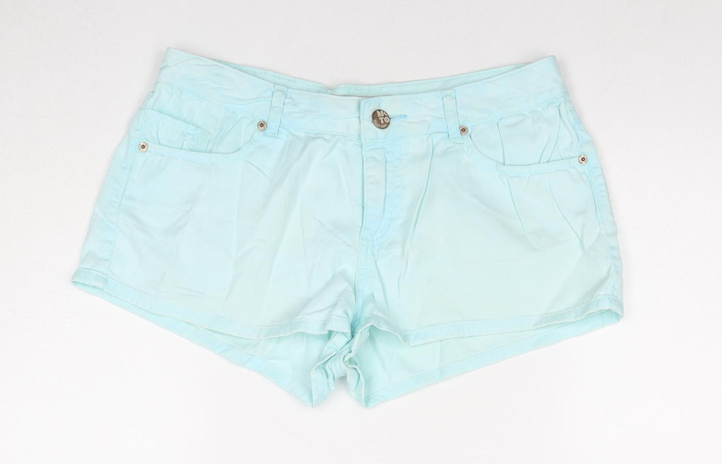 Topshop Womens Blue Cotton Hot Pants Shorts Size 12 Regular Zip