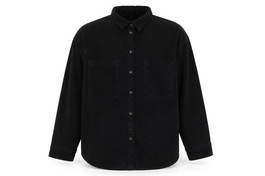 Front view of Divided by H&M men’s black cotton button-up, size S, collared button