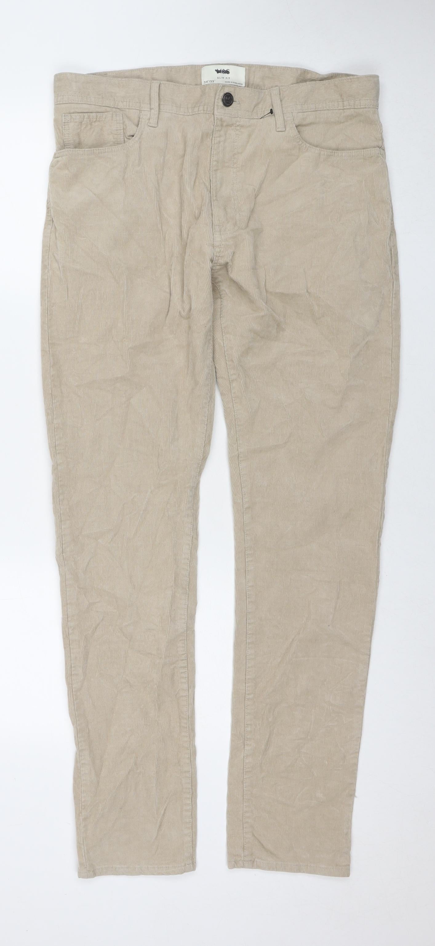 Marks and Spencer Mens Beige Cotton Trousers Size 34 in L33 in Regular Zip