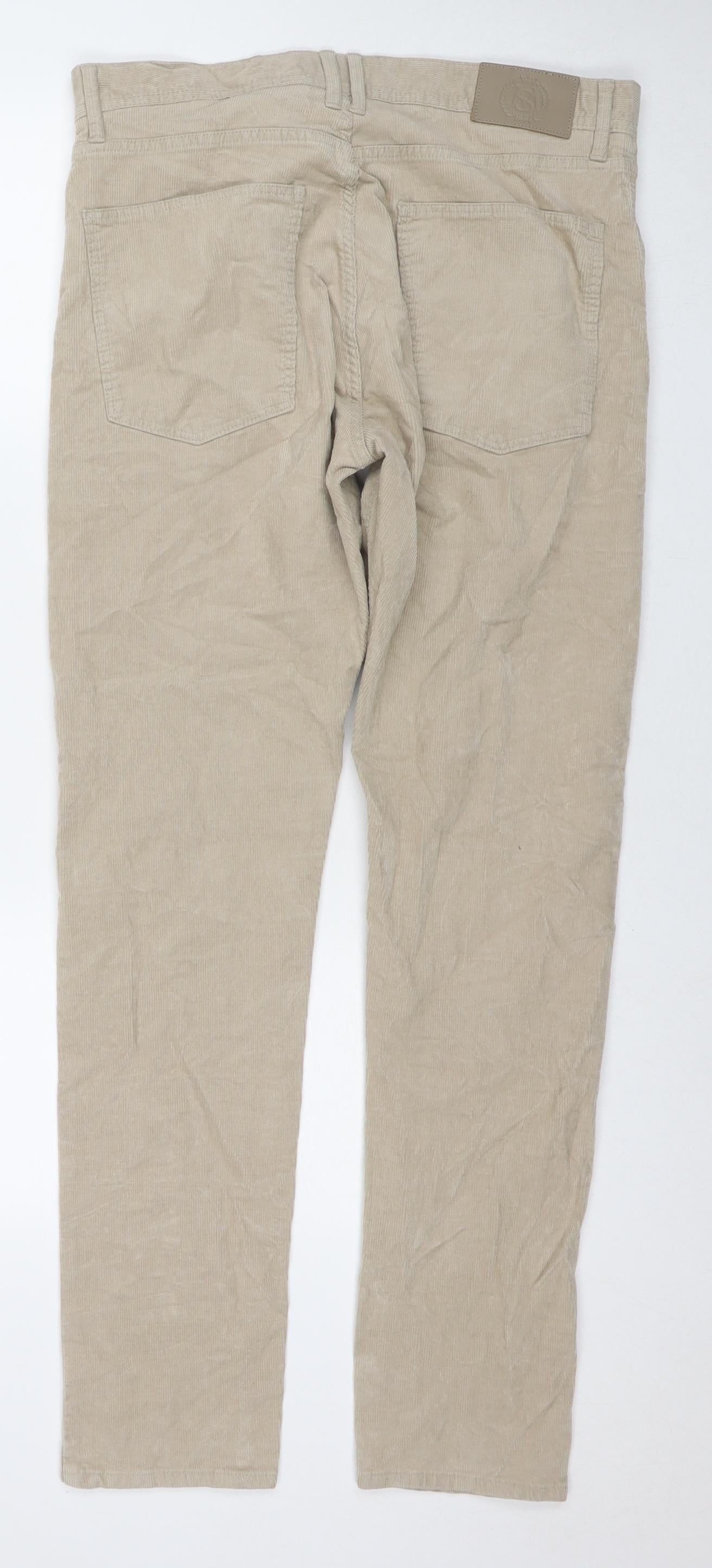 Marks and Spencer Mens Beige Cotton Trousers Size 34 in L33 in Regular Zip