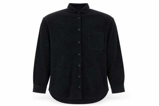 Front view of Audrey men’s black polyester button-up, size S, collared button -, size S/m