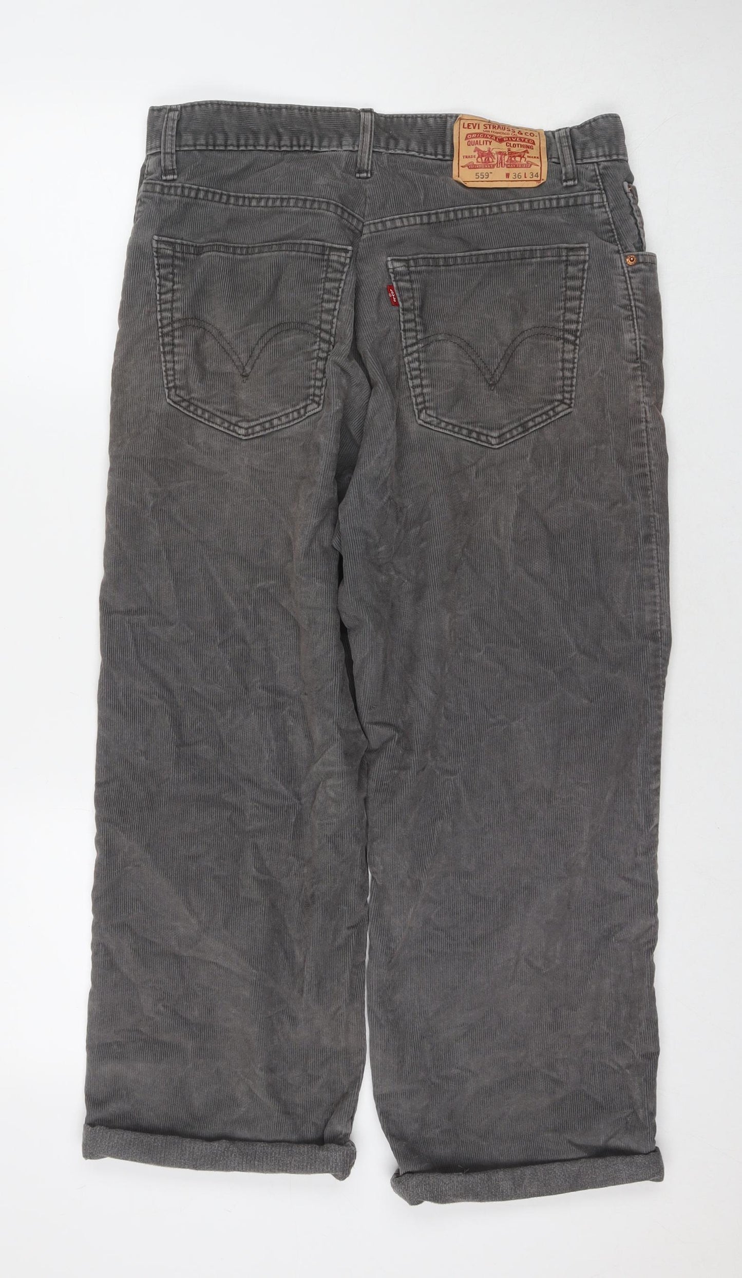 Levi's Mens Grey Cotton Trousers Size 36 in L34 in Relaxed Zip