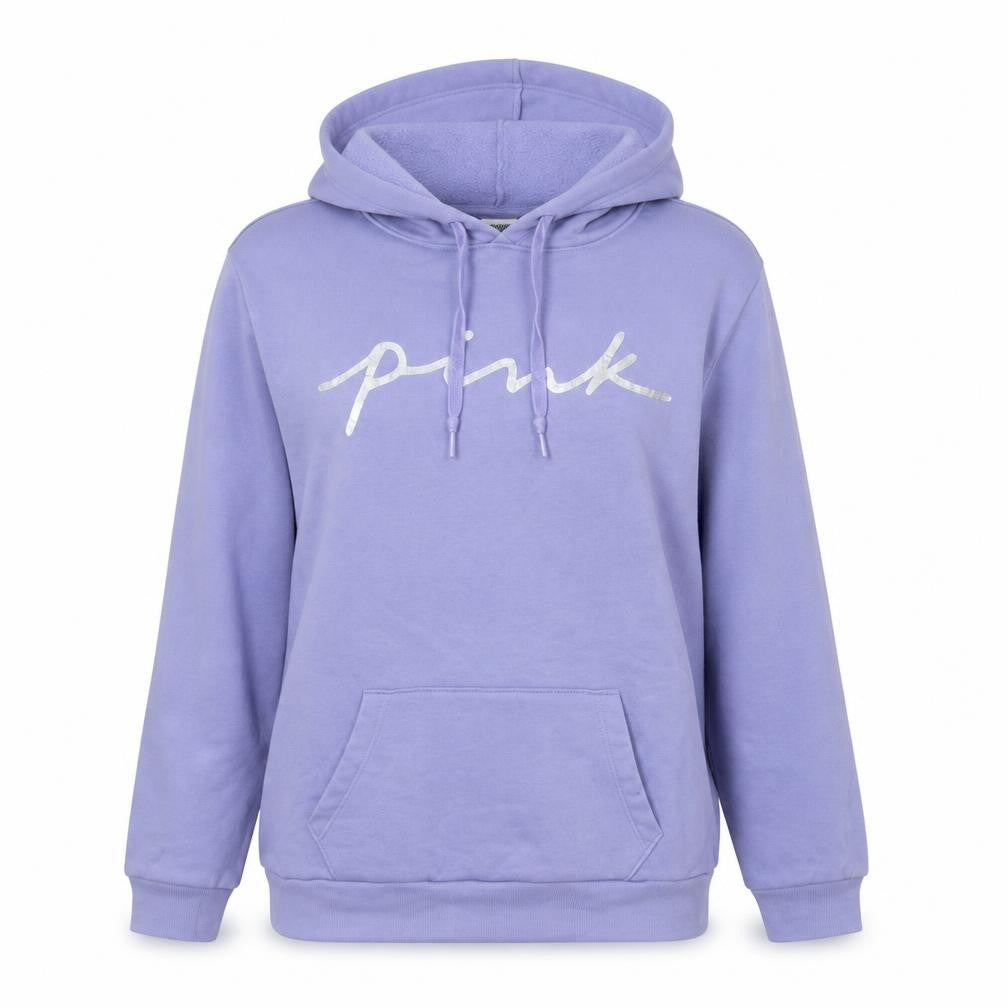Front view of PINK women’s purple cotton pullover hoodie, size XS, pullover - logo